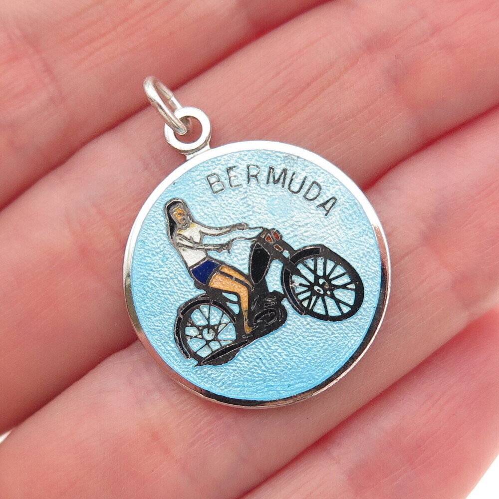 Breadner Co. 925 Sterling Silver Vintage Enamel Bermuda Moto Biker Charm Pendant